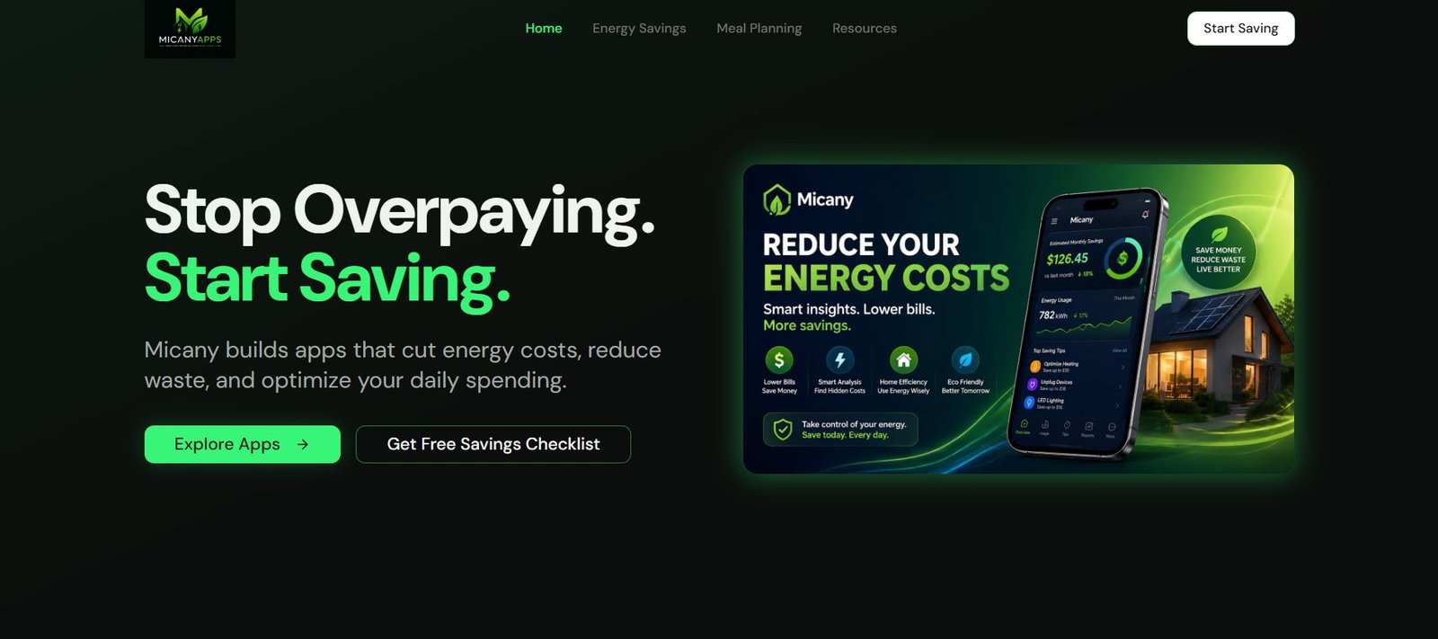Micany Apps landing page screenshot